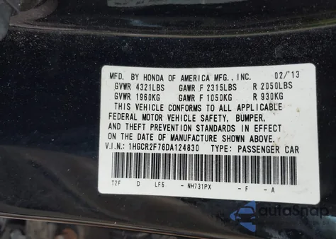 2013 Honda Accord Ex from USA, damaged, VIN 1HGCR2F76DA124830